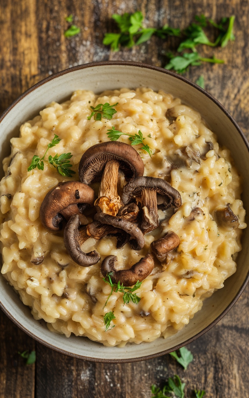 Creamy mushroom risotto topped with fresh herbs, on a rustic wooden table.